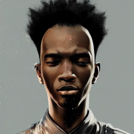 Prompt: portrait of a man by greg rutkowski, he is about 2 0 years old, afrojapanese, afro hair, young, very tall and slender, he is wearing a futuristic police gear, highly detailed portrait, digital painting, artstation, concept art, smooth, sharp foccus ilustration, artstation hq