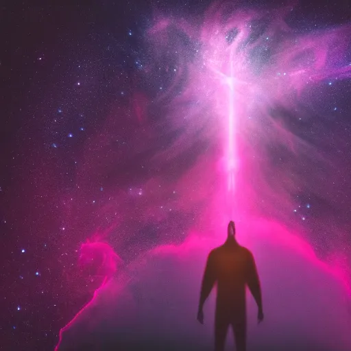 Image similar to a towering godlike apparition in the shape of a human, made of smoke and fog, backlit by pink, purple, red, blue neon lighting, nebulas, backround of stars and galaxies