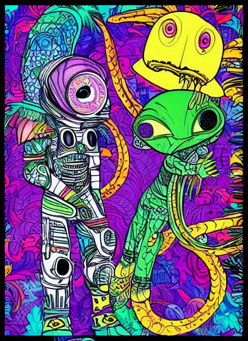 Prompt: an alien vs predator coloring book by lisa frank