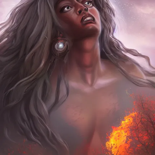 Prompt: a colossal goddess is watching us from above, creative, brown skin, giant, digital art, city, town, highly detailed, photo manipulation, up there, dark clouds, dark gray hair, digital painting, on fire, artstation