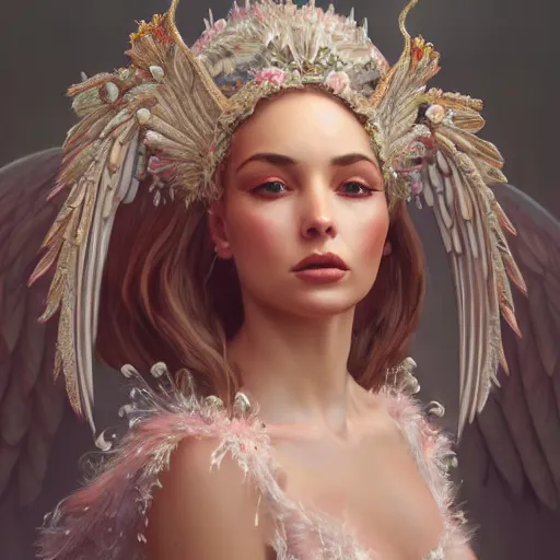 Prompt: expressive full body photo of sophia lauren as beautiful angel, smooth glowing skin, ornate headpiece made from pink flowers, glamour shot, by karol bak, by greg rutkowski, by jeremyg lipkinng, by artgerm, octane render, unreal engine, photorealistic, canon r 3, fashion photography