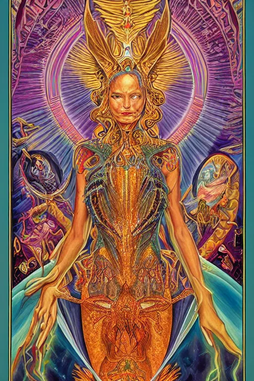 Prompt: beautiful tarot card of the queen of dreams by alex grey and dan mumford and carol bak, oil on canvas, intricate, border, symmetrical, portrait, 8k highly professionally detailed, HDR, CGsociety