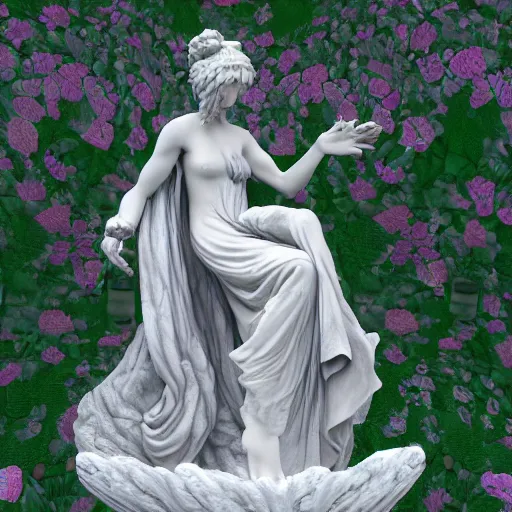 Image similar to an idealistic marble statue with sweeping clothes and with fractal flowery hair in a fractal garden, unreal engine, 8 k render, beautiful, full frame,