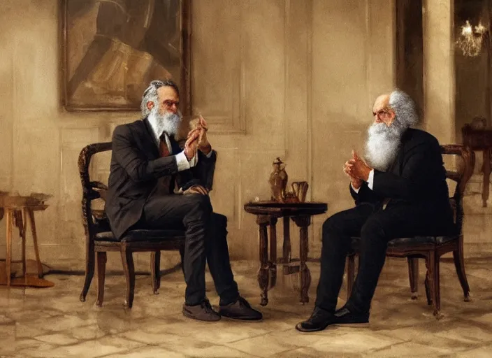 Image similar to Jordan Peterson having a conversation with Karl Marx by Greg Rutkowski, 4k, masterpiece