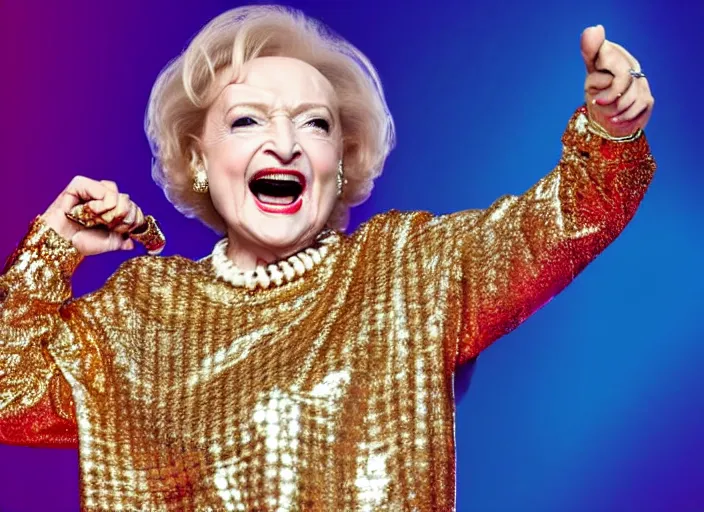 Image similar to publicity photo still of betty white as a gangsta rapper covered in gold chains, with grills in teeth and wearing a jumpsuit live on stage, 8 k, live concert lighting, mid shot