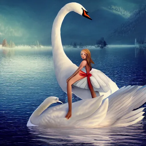 Image similar to a princess riding a giant swan in the lake, trending on artstation