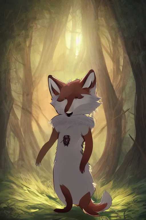 Image similar to a pretty medieval anthropomorphic fox with a fluffy tail in the forest, comic art, trending on furaffinity, cartoon, kawaii, backlighting, furry art!!!, radiant light, bokeh, trending on artstation, digital art