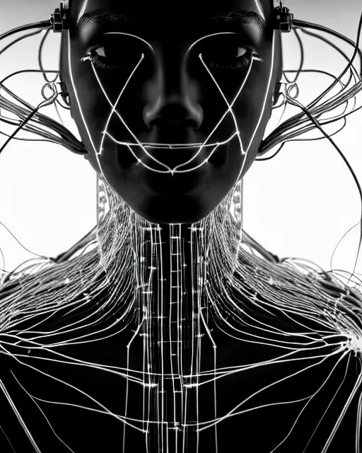 Image similar to black and white connected cyborg - plant goddess high quality photo, microchip, artificial intelligence, bio - mechanical bio - luminescence, black wired cables, neurons, nerve cells, cinematic, rim light, photo - realistic, elegant, high detail, 8 k, masterpiece, high fashion, in the style of man ray