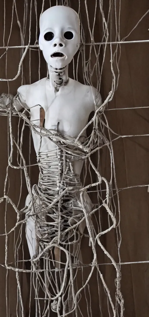 Prompt: terrifying white mannequin with rebar sticking out of it, body horror, dark, human faces, screaming, scary, horror, hyperrealistic,