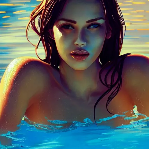 Prompt: beautiful woman in a swimming pool, artstation, highly detailed face, pretty, gorgeous, cute, blue bikini, warm lighting