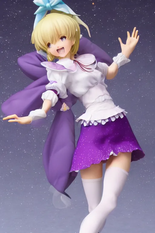 Image similar to A GoodSmile anime figure of a cute magical girl with short blonde hair wearing purple short puffy pants, an oversized beret, white tights covered in stars, and a long billowing scarf. Short hair. intricate details, realistic, Hyperdetailed, 8k resolution, intricate art nouveau, Octane Render. Ami Ami.