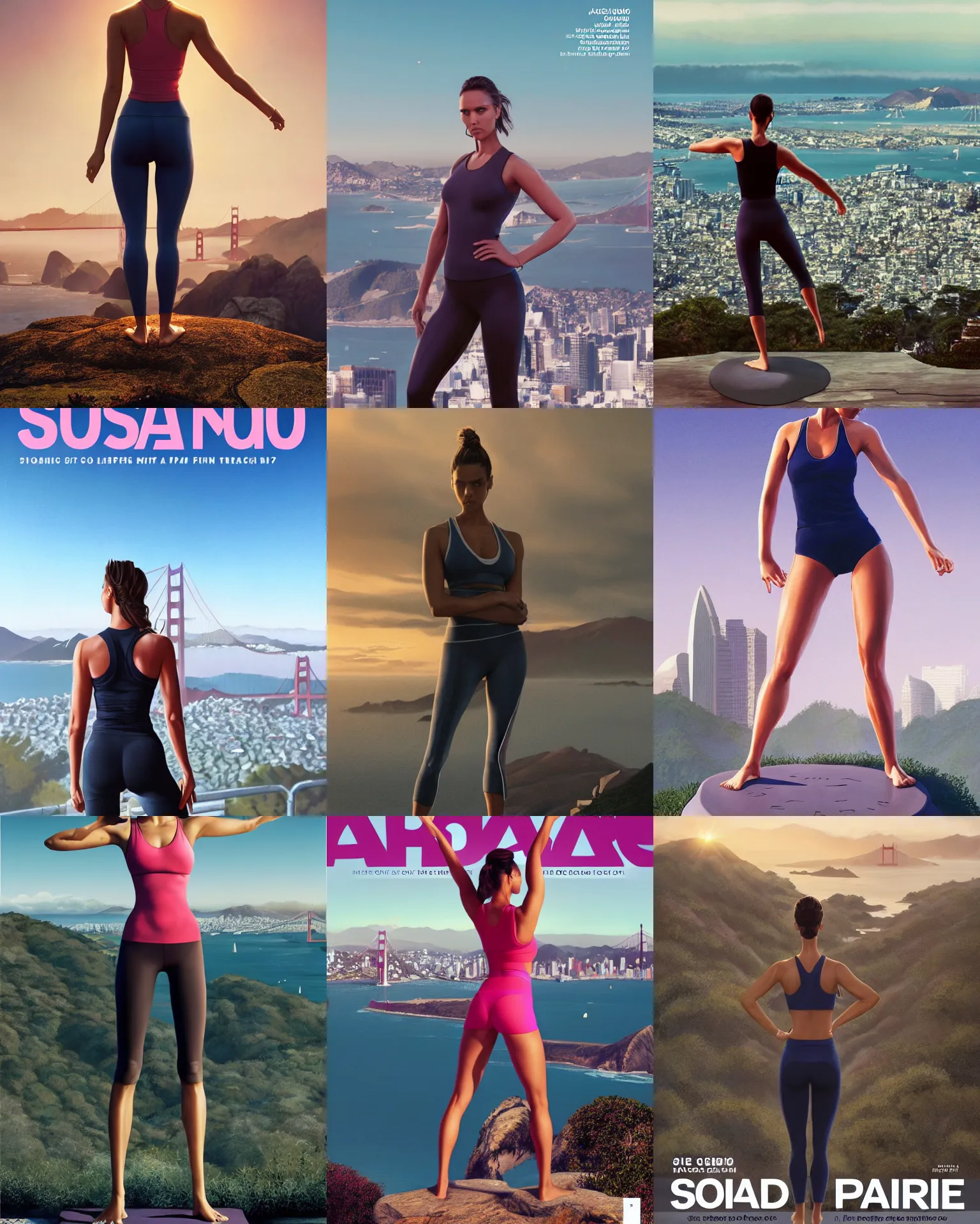 Prompt: shape magazine cover of jessica alba in a peaceful standing yoga pose overlooking SF from twin peaks, facing away from the camera, trending on artstation, morning, ue5, sci-fi, epic digital concept art, smooth, nixri, Greg rutkowski, wlop,