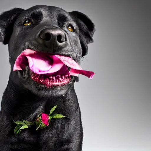 Image similar to black dog with rose in it's mouth, green eyes, studio lighting, cinematic, 4 k, detailed, global illumination, chromatic abberation