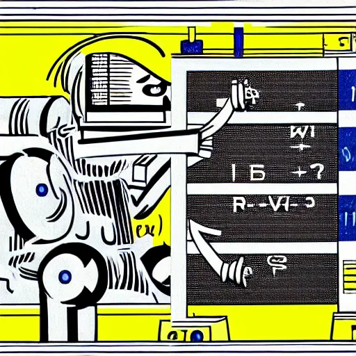 Prompt: a mechanical robot teacher writing math equations on blackboard, by roy lichtenstein