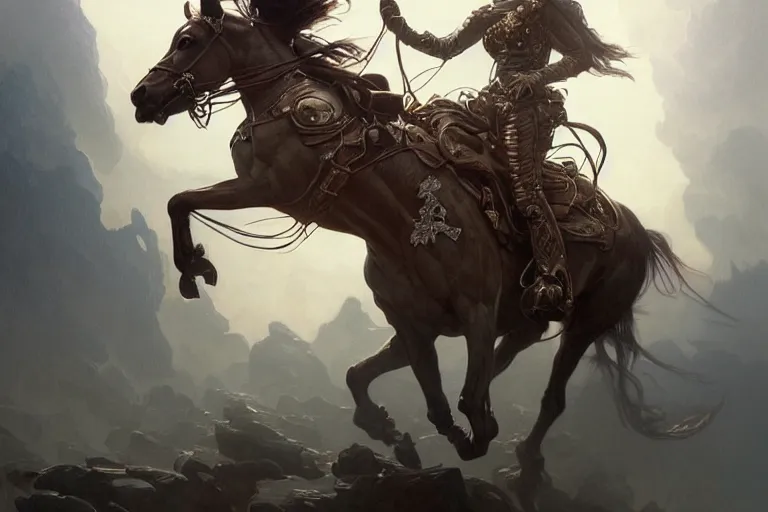 Image similar to rhodium cowboy, famine horseman, fantasy, intricate, elegant, highly detailed, digital painting, artstation, concept art, matte, sharp focus, illustration, art by artgerm and greg rutkowski and alphonse mucha