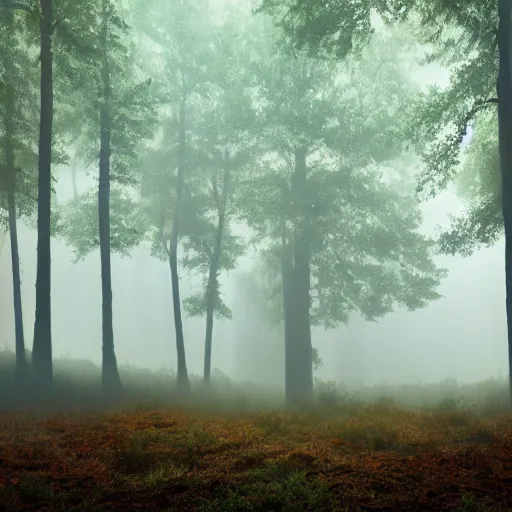 Image similar to Highly realistic painting of a cow standing in the middle of a dark forest, oak trees, fog, moody lighting, volumetric lighting