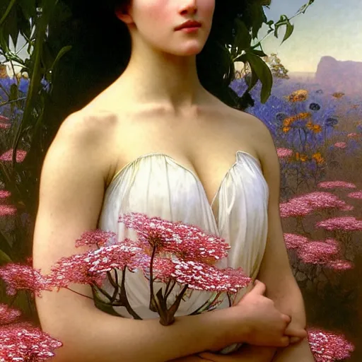 Image similar to a photograph of the most beautiful woman that has ever existed, surrounded by unique natural landscape of delicate flowers., highly detailed, digital painting, artstation, concept art, smooth, sharp focus, illustration, art by artgerm and greg rutkowski and alphonse mucha and william - adolphe bouguereau