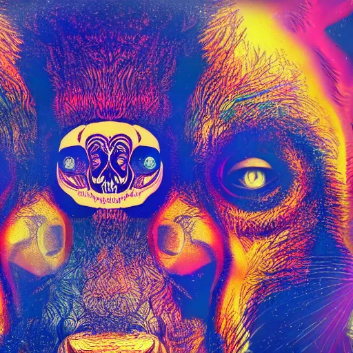 Prompt: close up, a fox, a panda, a chimpanzee, a skull, smoke, psychedelic art, digital art, 8 k