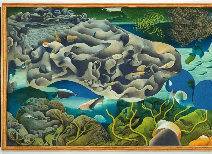 Image similar to an underwater landscape painted by, mc escher, gordon onslow ford, georgia o'keeffe and ippolito caffi,