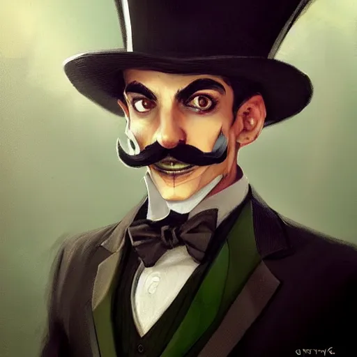 Image similar to dapper fancy luigi wearing a top hat, smirking deviously, painted by greg rutkowski, wlop, artgerm, dishonored 2