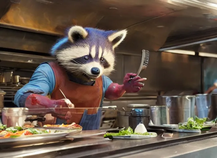 Image similar to film still of Rocket Racoon working as a food truck chef in the new Guardians of the Galaxy movie, 4k