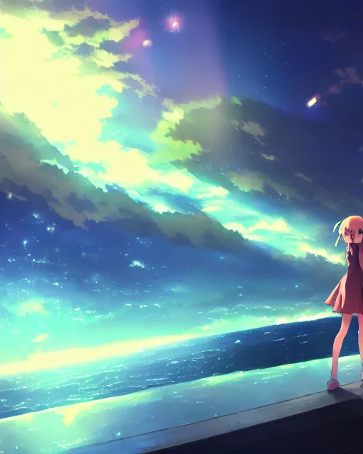 Prompt: a beautiful photo of a girl standing on a pier looming up at a supernova in the sky, beautiful compsition, epic photo, dramtic lighting, dim ， by makoto shinkai an krenz cushart