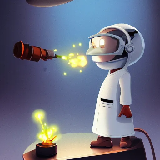 Prompt: little robed engineer working on a star cruiser engine, sparks flying, artwork by goro fujita