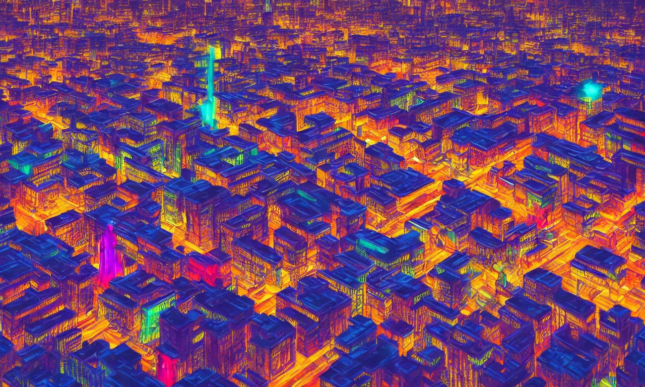 Image similar to bird eye view colorful photograph of a futuristic city, science fiction, night lights, beautifully lit buildings, drone view, mystic hues, distant, sharp focus, volumetric lights, digital art, RTX, hyperrealistic, cinematic, acid pixie, by lee madgwick