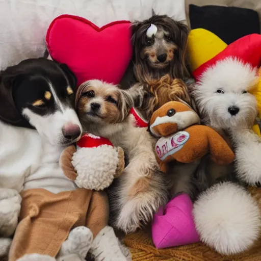 Image similar to dogs surrounded by cuddly toys and love hearts