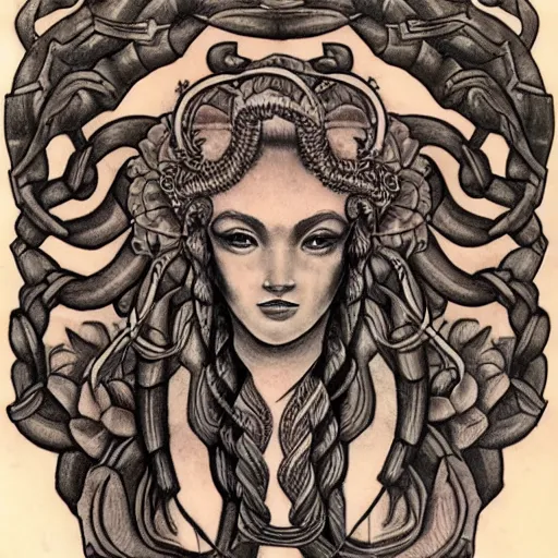 Image similar to detailed, tattoo design, portrait of medusa, surrounded by lotus flowers and geometry