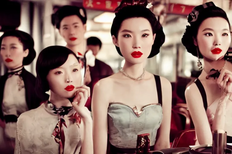 Prompt: movie interior closeup beautiful Chinese fashion model team closeup joking at 50s diner, night in the city, beautiful skin, by Emmanuel Lubezki