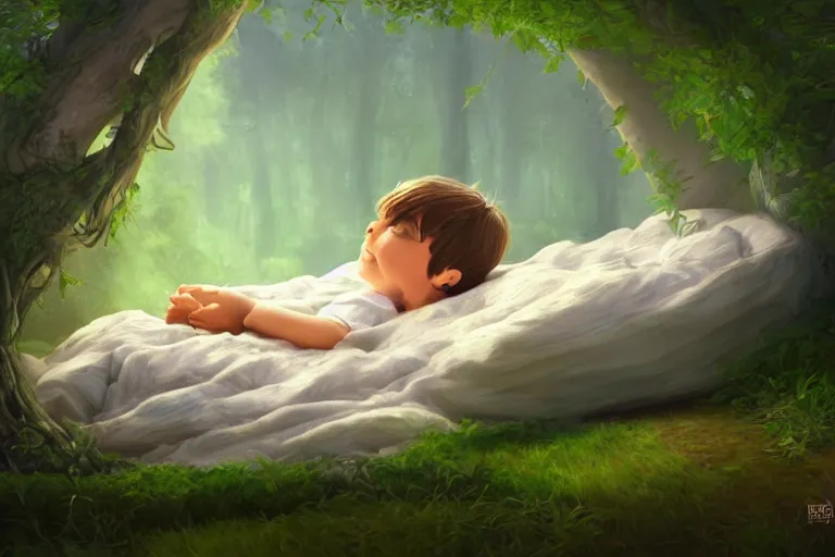 Image similar to a beautiful illustration of a little cute boy in his bed dreaming about a beautiful green forest, fantasy, intricate, epic lighting, cinematic composition, hyper realistic, 8 k resolution, unreal engine 5, by artgerm, artstation