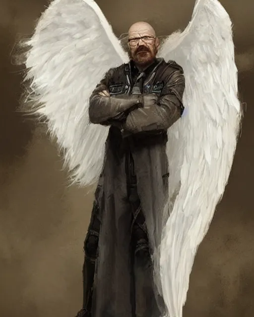 Image similar to walter white winged angel, male!!!!!!!, long white hair, by daniel gerhartz, trending on artstation