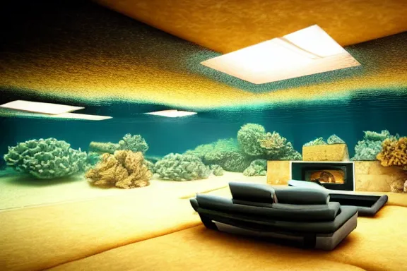 Image similar to a living room under water