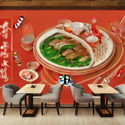 Image similar to a beautiful hyperdetailed interior 4 k hd wallpaper illustration of roasted string hotpot restaurant restaurant yan'an, corner, simple style, wall painting, from china, with merchant logo, simple structure, surrealistic, chinese style, victo ngai