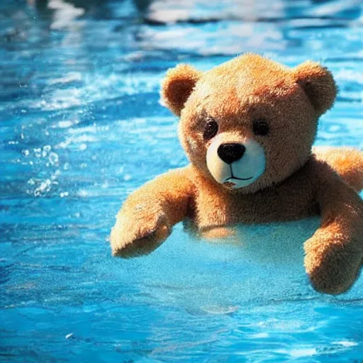 Prompt: photo of a teddy bear swimming in a pool