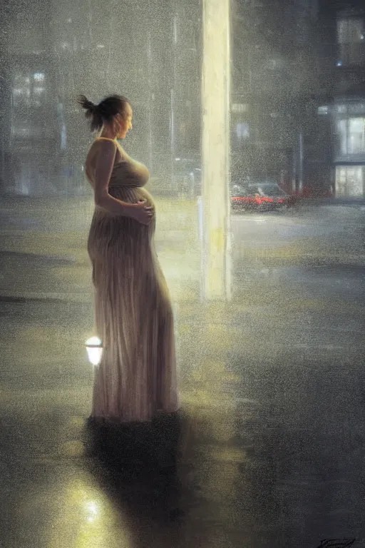 Prompt: pregnant woman under street light, highly detailed, sharp focused, ultra realistic digital concept art by Stanley Artgerm, Alyssa Monks, Ruan Jia