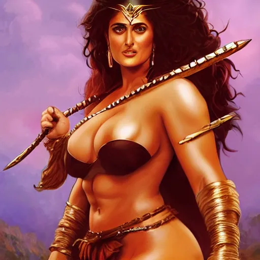 Prompt: full body photo of Salma Hayek as a Barbarian princess, Joe Jusko, digital art, artstation, 8k photography