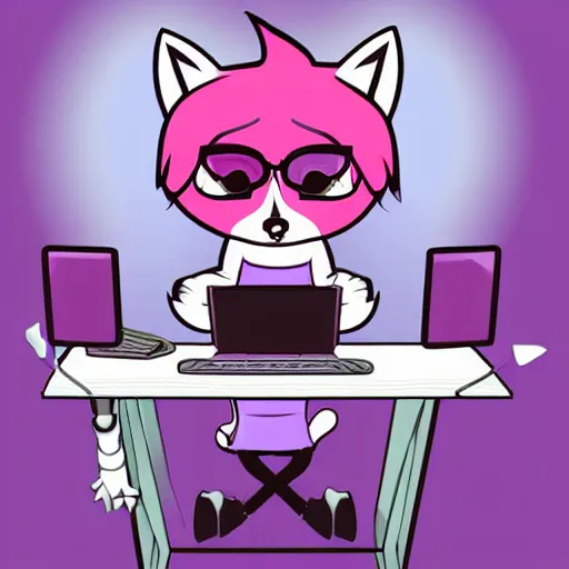 Prompt: Vixus is a light-pink anthropomorphic fox with purple hair and pierced ears. She is hacking a computer. A cup of steaming coffee sits on her desk. Side perspective. Digital art.