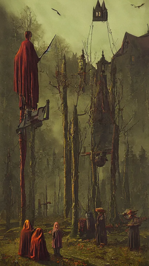 Image similar to witch paying for her sins, victorian painting, by simon stalenhag