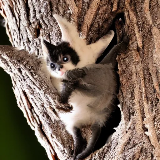 Image similar to a bat kitten, in a tree, wings out, Nikon, telephhoto 200mm