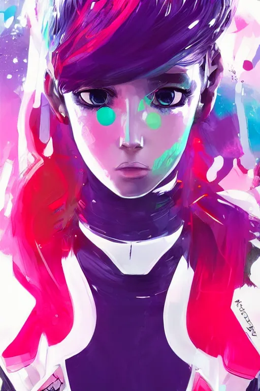 Image similar to poster woman with futuristic streetwear and hairstyle, colourful, model face, cute face, pretty face, 3/4 portrait, Galaxy eyes, beautiful, elegant, Anime by Kuvshinov Ilya, Cushart Krentz and Gilleard James, 4k, HDR, Trending on artstation, Behance, Pinterest, award winning