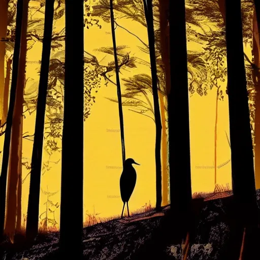 Image similar to a tall, muscular crow walking in a forest, sunset, realistic, romantic, enchanting, dreamy, IMAX