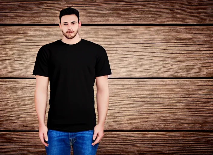 Prompt: clear highly detailed photorealistic topdown mockup product photograph of a blank black tshirt on a wooden background