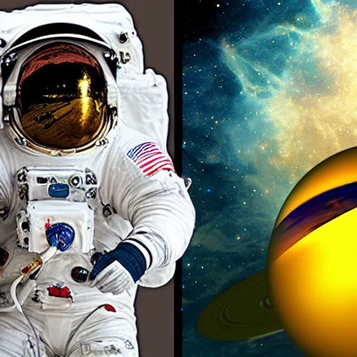 Image similar to astronaut in space, galactic background reflections on suit on one side and a yellow planet on the other side