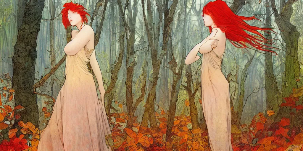 Prompt: a beautiful illustration of a red head female in a forest, autumn, cinematic composition, mist, style of yoshitaka amano and alfons mucha