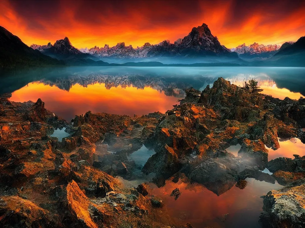 Image similar to amazing landscape photo of mountains with lake in sunset by marc adamus, beautiful dramatic lighting