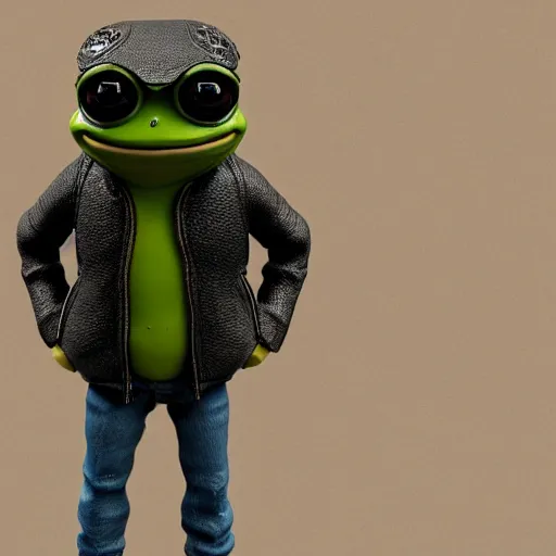 Image similar to perfectly accurate miniature figure of pepe the frog wearing jeans and a black leather jacket, soft textures, skin texture, clothing, 3d sculpture, textured, fine detail, lifelike, photo, high resolution, octane render, post processing, after effects, trending on artstation