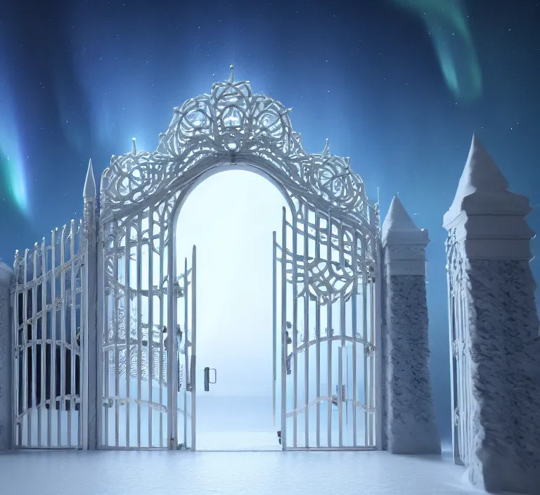 Image similar to a very detailed concept art of intricate and scandinavian white gates to aurora borealis, trending on artstation, symmetry, digital art, 4 k, hyper realistic, octane render, sharp focus