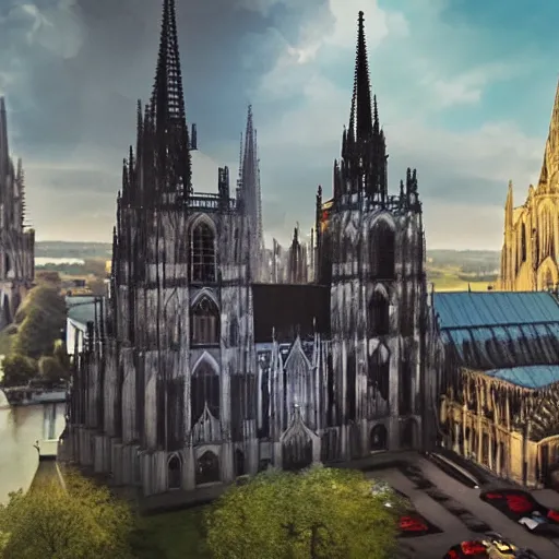 Prompt: a hyper real comic book style portait painting of the cathedral of cologne germany in the distant future with future buildings next to it, unreal 5, hyperrealistic, octane render, cosplay, rpg portrait, dynamic lighting